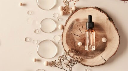 Poster - Cosmetics dropper on wooden slice with glass balls suitable for cosmetic display earthy tones and copy space banner