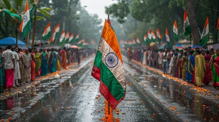 Wall Mural - People on the streets of an Indian city with national flags as part of the campaign. Indian Independence Day