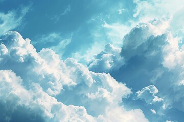 Sticker - Clear blue sky with puffy white clouds floating peacefully, Dreamy Watercolor Cloudy Sky Backgrounds, Ai generated