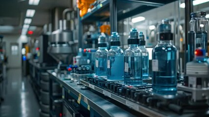 Wall Mural - A close-up shot of a row of blue liquid samples in glass containers in a high-tech laboratory.