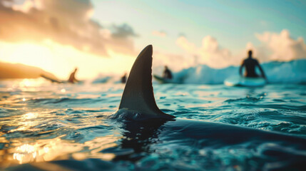 Wall Mural - A shark fin sticking out of the water with surfers in the background, a beautiful blue ocean at sunrise