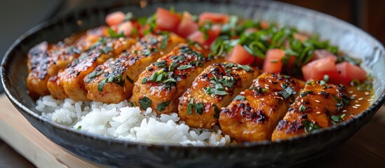 Wall Mural - Grilled Salmon with Rice, Tomatoes, and Green Onions