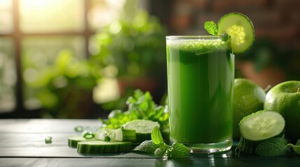 A glass of green juice with cucumber slices and mint leaves on a table