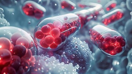 Wall Mural - An illustration depicting the use of nanotechnology in drug delivery, showcasing microscopic capsules filled with red particles.