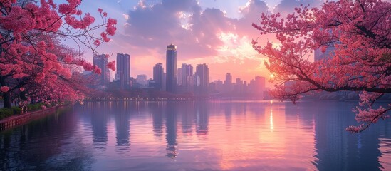 Wall Mural - Pink Sunset Over City Skyline with Blooming Cherry Trees