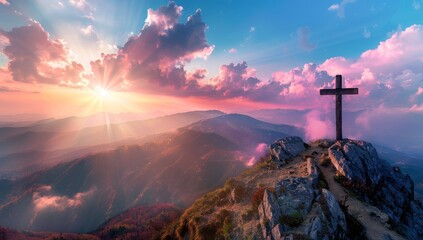 Wall Mural - Cross silhouette on sunset background of the Calvary mountain for Easter Christmas