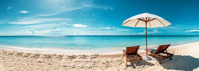 Wall Mural - Two deck chairs and a parasol on a tropical dream beach in paradise. Blue water and white sand. Vacation, travel and summer holiday concept.