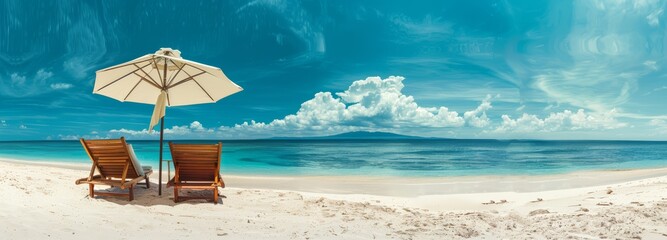 Wall Mural - Two deck chairs and a parasol on a tropical dream beach in paradise. Blue water and white sand. Vacation, travel and summer holiday concept.