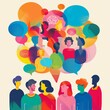 © Simon - Colorful illustration of a diverse and multicultural group of friends talking with each other. Diversity, equality and inclusion concept.