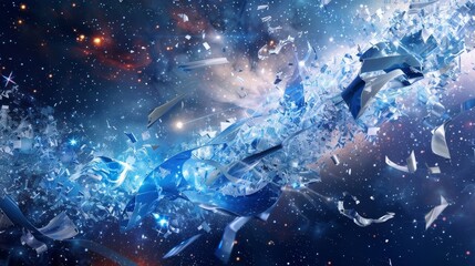 Dynamic background with metallic debris ribbons and celestial blue starlight
