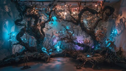 Wall Mural - Surreal forest with twisted branches and roots crafted from recycled metal and wire background