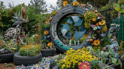 Canvas Print - Whimsical garden with recycling symbol backdrop of recycled tires and colorful flowers