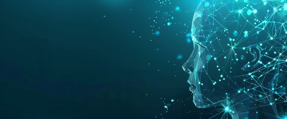 Wall Mural - artificial intelligence and modern technology concept. glowing blue/green human face on a dark backg