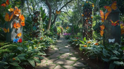 Canvas Print - Surreal garden with recycling symbol and towering sculptures lush vegetation backdrop