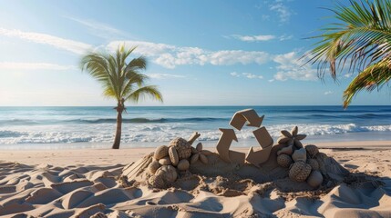 Poster - Beach scene with recycling symbol in sand sculptures gentle waves and palm trees backdrop