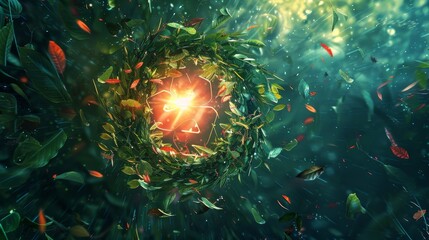 Wall Mural - Recycling symbol as glowing orb swirling vortex of leaves and petals dynamic background