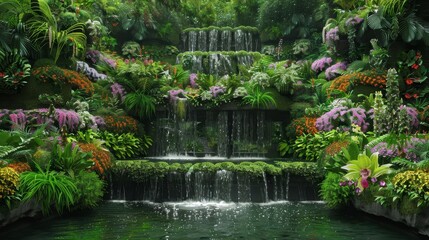 Canvas Print - Lush garden backdrop with recycling symbol in recycled waterfalls and ponds