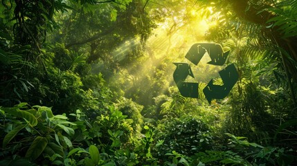 Wall Mural - Dense forest canopy backdrop with recycling symbol as radiant beacon