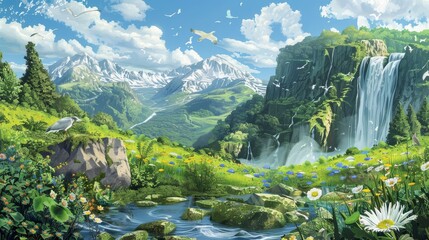 Green landscape with recycling symbol vibrant hills and waterfalls background