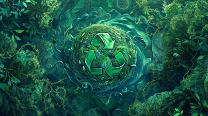 Wall Mural - Abstract background with green recycling symbol orb swirling leaves and vines