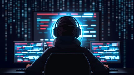 Software engineer coding firewall security, holographic screen with cryptography symbols, dark mode, high resolution, cyberpunk style