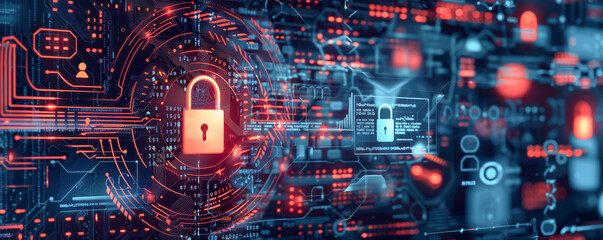 Panoramic view of padlock on the motherboard. Computer code, data security and password concept.