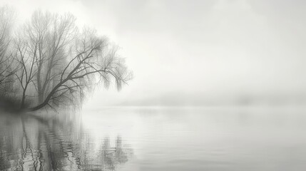 Wall Mural - Monochromatic lake scene with fog creates a peaceful background