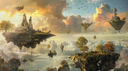 Wall Mural - Fantastical creatures and islands in a surreal landscape wallpaper