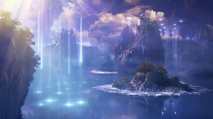 Wall Mural - Floating islands with ethereal light beams suggesting transcendent background