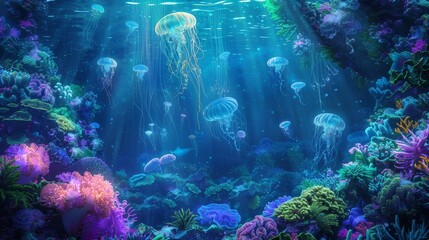 Wall Mural - Surreal underwater scene with jellyfish vibrant coral hidden meaning background