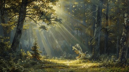 Wall Mural - Serene forest scene with sunlight central to Passover renewal background