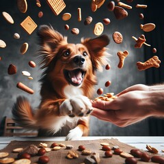 Wall Mural - Playful dog catching food pieces thrown by its owner, highspeed macro style.