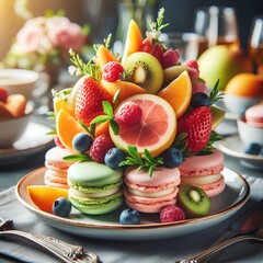 Wall Mural - Macaron or macaroon dessert well decorative with fresh ingredients served on delicate plate in restaurant or cafe table background.