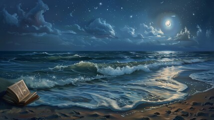 Poster - Moonlit waves lapping against shore with mysterious symbols background