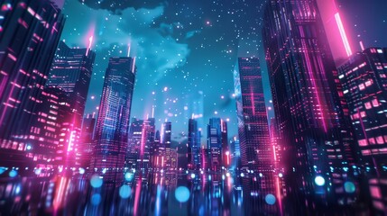 Wall Mural - Neon-lit futuristic city with holographic projections and skyscrapers wallpaper