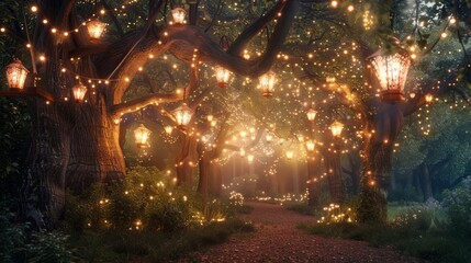 Wall Mural - Whimsical forest with dawn light and glowing lanterns background