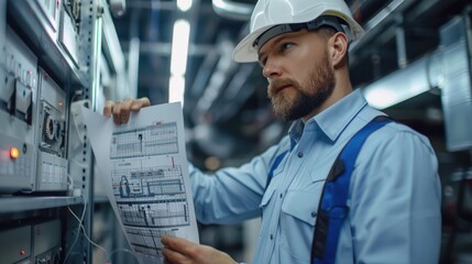 Wall Mural - A man in a blue shirt and a white hat is looking at a piece of paper