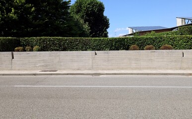 Wall Mural - House fence made of concrete wall with hedge. Trees , roof and solar panels behind, cement sidewalk and street in front. Background for copy space.