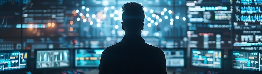 Silhouette of a Person Standing in Front of a Wall of Computer Screens Illustration