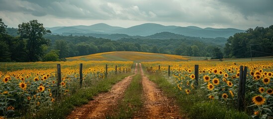 Poster - Sunflowers Leading to Distant Mountains