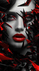 Wall Mural - A close-up portrait of a woman with red lipstick, surrounded by abstract red and black geometric shapes