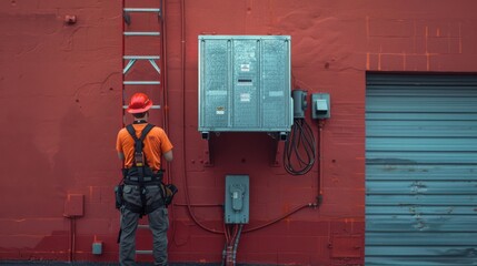 Wall Mural - A man in a red helmet and orange shirt is standing next to a red wall