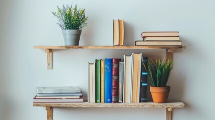 Wall Mural - A small, neatly organized bookshelf with a few select educational books and a simple plant