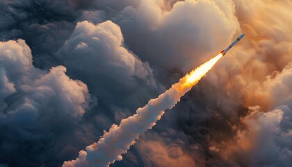 A rocket launching into the sky, seen from above, smoke coming out of its tail, orange and white colors