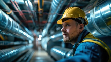 A man in a yellow hard hat is standing in a long, narrow tunnel