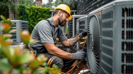 Wall Mural - A man in a yellow hard hat is working on an air conditioner