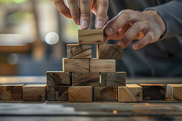 Wall Mural - business development and growth success process concept, close up hand arranging wood block stacking, background with copy space.