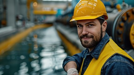 Wall Mural - A man in a yellow safety vest and a yellow hard hat is smiling