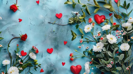 Poster - Floral arrangements and heart decorations on blue table from above