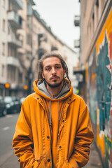 Poster - A man in a yellow jacket standing on a city street.